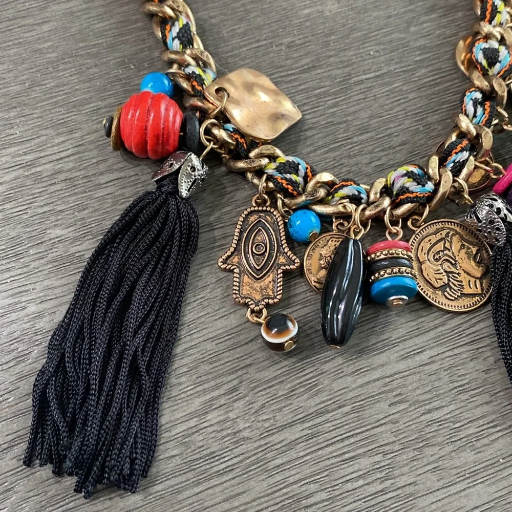 Mudd Braided Gold Tone Chain Love Peace Happiness Charm Necklace NWT